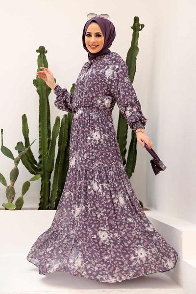 Neva Style - Rochie Hijab Mov cu Guler Dantela 2327mor