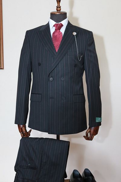 Querinca Navy Blue Double-breasted Red Striped Suit (WITH COLLAR ORNAMENT AND TIE GIFT)
