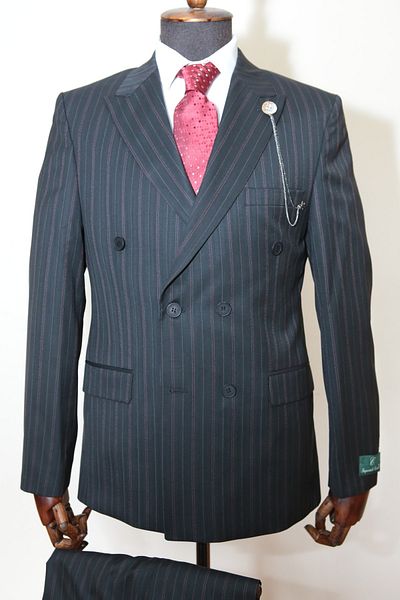 Querinca Navy Blue Double-breasted Red Striped Suit (WITH COLLAR ORNAMENT AND TIE GIFT)