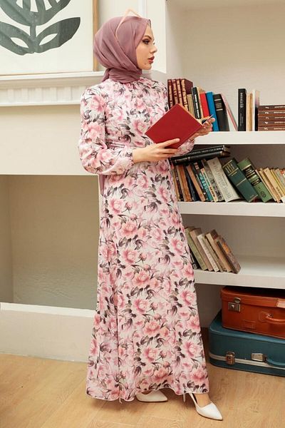 Neva Style - Floral Patterned Pink Hijab Dress279072p