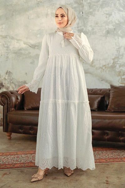 Neva Style Hijab alb - Rochie cu dantela 13440b