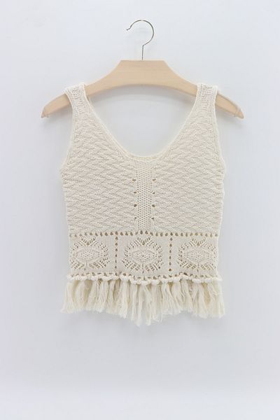 macharelbasic women's crop knitted blouse with tassel detail and straps, cream
