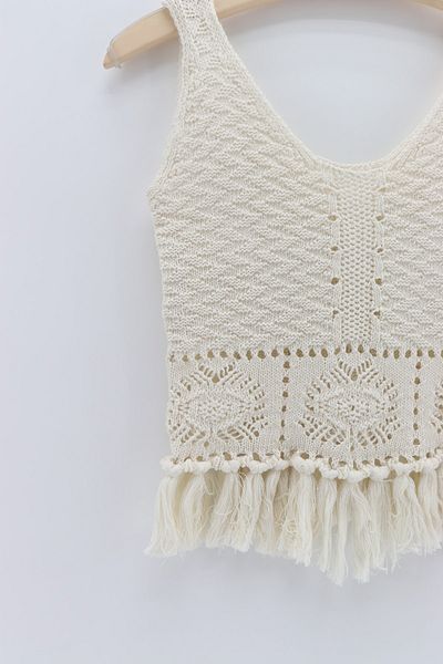 macharelbasic women's crop knitted blouse with tassel detail and straps, cream