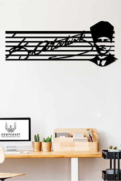 Gowpenart Atatürk İmzalı Çizgili Portre Dekoratif Siyah Metal Duvar Ev & Ofis...