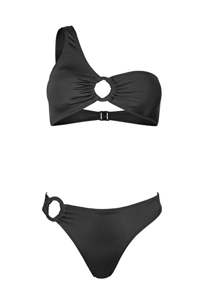 Transacoustic Siyah Asimetrik Tasarım Halkalı Tek Omuz Bikini Takımı