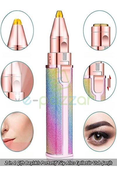 Genel Markalar Gökkuşağı 2in1 Kaş Yüz Bıyık Bikini Vücut Tüy Alıcı Çift Başlıklı Epilatör Usb Şarjlı Ruj Tasarımlı