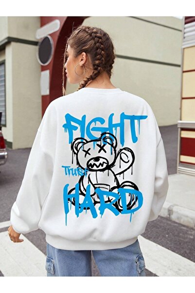 mercoledi Hanorac oversize alb, unisex, cu imprimeu Fight Trust HARD