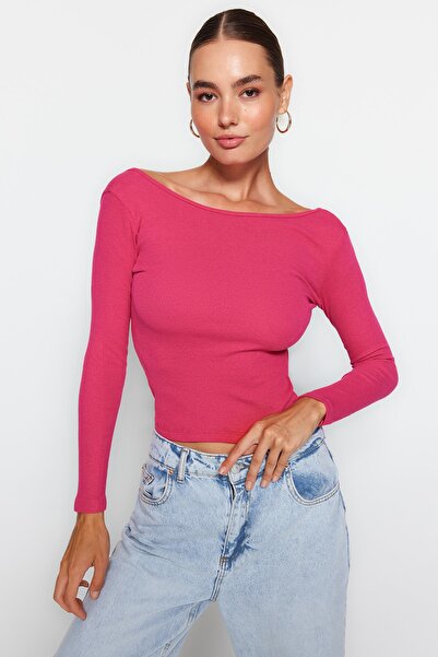 Trendyol Collection Φούξια εξώπλατη Εφαρμοσμένη εύκαμπτη πλεκτή μπλούζα TWOAW24BZ00105