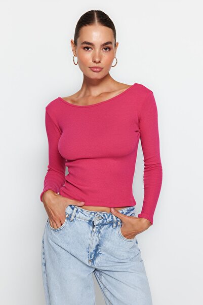 Trendyol Collection Φούξια εξώπλατη Εφαρμοσμένη εύκαμπτη πλεκτή μπλούζα TWOAW24BZ00105