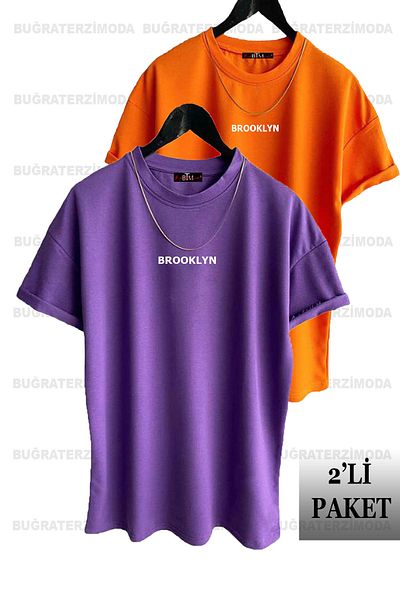 Buğraterzimoda Πακέτο μπλουζάκι Brooklyn Printed Unisex Μωβ-Πορτοκαλί 2 τεμαχίων Oversize