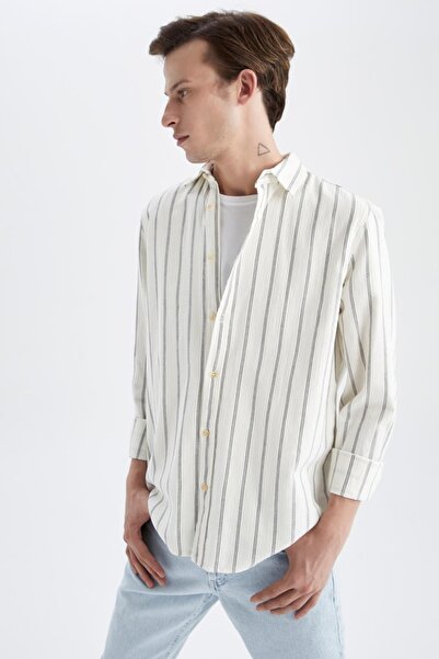 DeFacto Normál szabású póló nyakú csíkos poplin hosszú ujjú 100% pamut ing