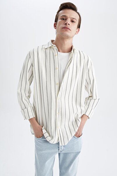 DeFacto Normál szabású póló nyakú csíkos poplin hosszú ujjú 100% pamut ing