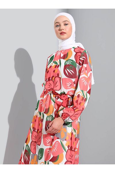 Benin Tropical Patterned Belted Chiffon Hijab Dress - Light Coral -