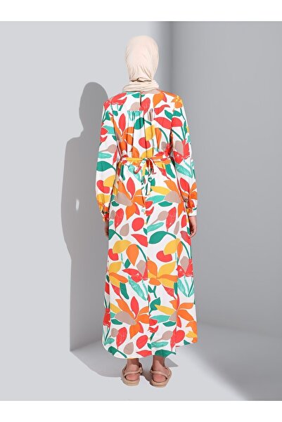Benin Floral Patterned Viscose Hijab Dress with Lace-up Waist - White Orange -