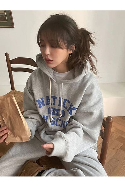 MODARİCH Natick High School Combined Top and Bottom Tracksuit Set - Gray Printed Oversized Rubber Leg Hooded