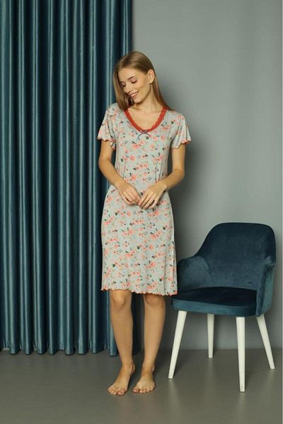 MEBA Rochie de cămașă de noapte din bumbac pieptănat, cu mânecă scurtă, cu guler și dantelă