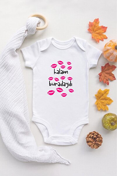 TUĞBABABY Halam Buradaydı Yazılı Öpücük Baskılı Bebek Body %100 Pamuklu Ekru Badi Zıbın