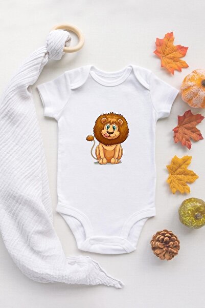 TUĞBABABY Unisex Bebek Aslan Baskılı Beyaz Çıtçıtlı Body