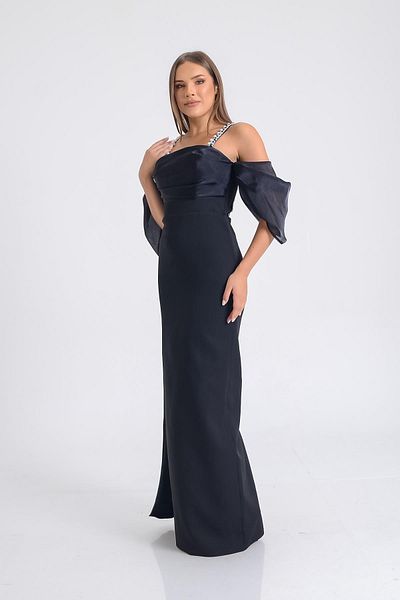 SpringStore Rochie de seara neagra cu bretele cu fanta