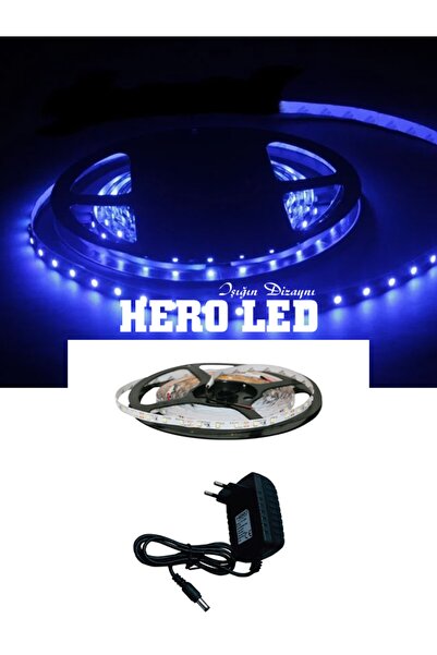 Hero Led 5 Metre Tek Çipli Iç Mekan Şerit Led Set Adaptör Mavi