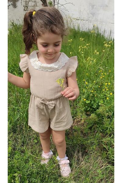 Novy Baby Müslin Kumaş Dantel Yaka Fırfır Kol Fiyonklu Kız Çocuk Tulum - 2-5 ...