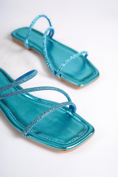 Capone Outfitters Prošívané tyrkysové dámské pantofle Capone Stoned se 3 proužky na plochém podpatku