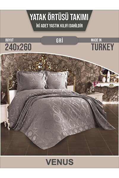 KC HOME TEXTILE Venus Çift Kişilik Klasik Şönil Yatak Örtüsü 240x260 Gri