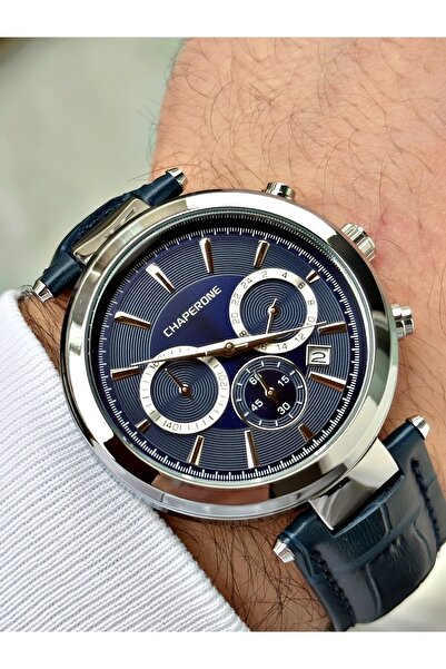 Chaperone Lacivert Renk Deri Kordon Fonksiyonlar Aktif Erkek Kol Saati + BİLE...