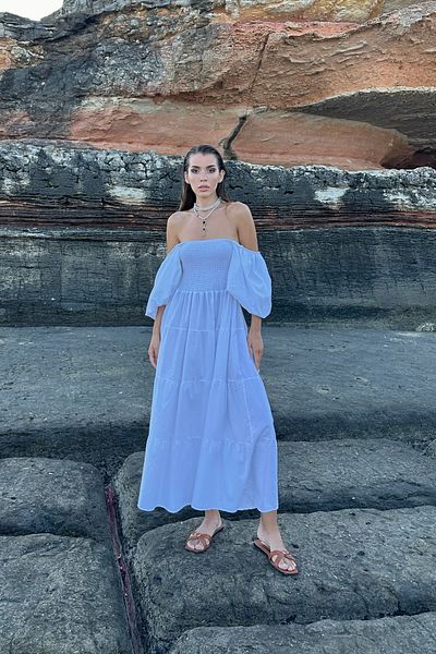 Seda Yalçın Atelier White Balloon Sleeve Gipe Detailed Dress