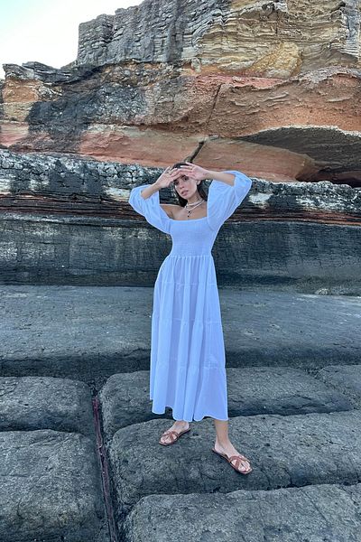 Seda Yalçın Atelier White Balloon Sleeve Gipe Detailed Dress