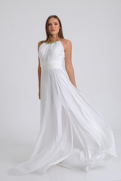SpringStore Rochie de seara cu guler ecru cu lant