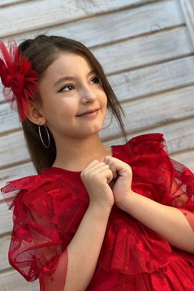 Riccotarz Girl's Butterfly Patterned, Transparent Detailed Red Dress with Tail