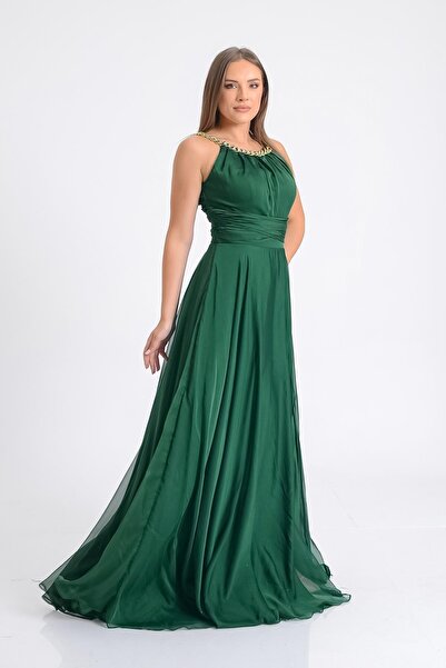 SpringStore Zümrüt Yakası Zincirli Abiye Elbise