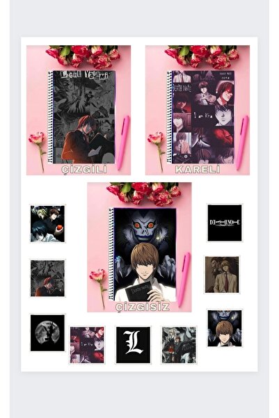 animeandyourworld Death note3 adet defter A4 boyutu çizgili + kareli + çizgisiz ve 9 adet fotokart
