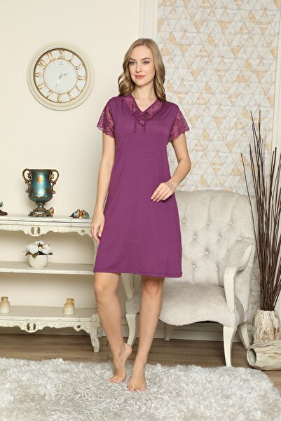 JENİKA Cămașă de noapte cu mânecă scurtă cu dantelă pentru femei