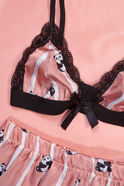 MEBA Salmon Panda Lace Saténové šortky Pyžamový set Satin Crop Set