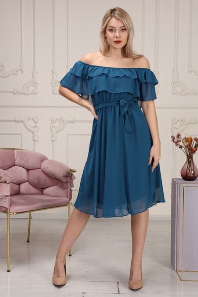 Azra Style Γυναικείο φόρεμα σιφόν με γιακά Carmen Petrol Blue