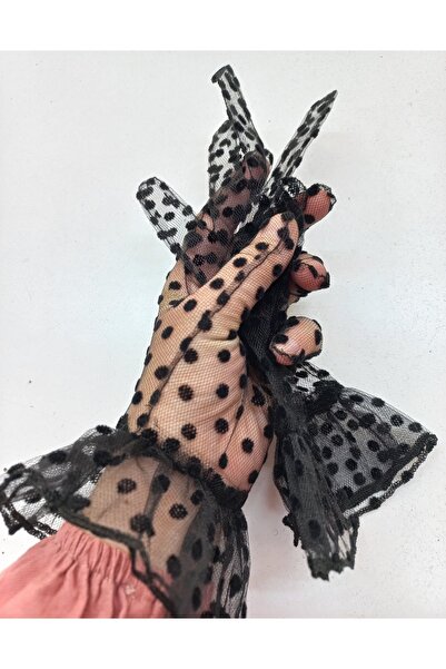 es moda shop Lara Puantiyeli Abiye Gelin Eldiveni Siyah