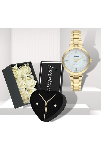 Forentina Güllü Kutuda Sarı Su Yolu Kolye Küpe Saat Hediye Set - Ps301200tr