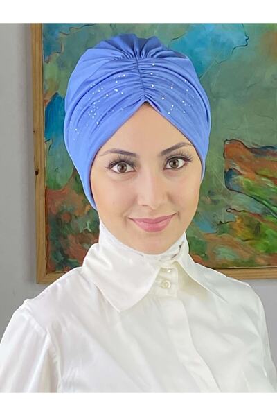 BUTİKAMBAR Sultan Model Taşlı Mavi Büzgülü Bone
