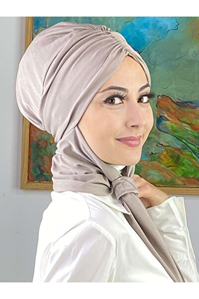 BUTİKAMBAR Sultan Model Atkılı Tokalı Taş Rengi Büzgülü Bone