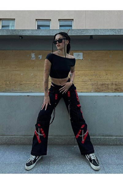 Touz Y2k Touz Chain - بنطلون تكتيكي كبير الحجم للجنسين مع جيب وجيب