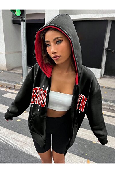 Machetta Unisex Black Color Zippered Red Brooklyn Printed 3 Thread Fleece Cardigan / Jacket