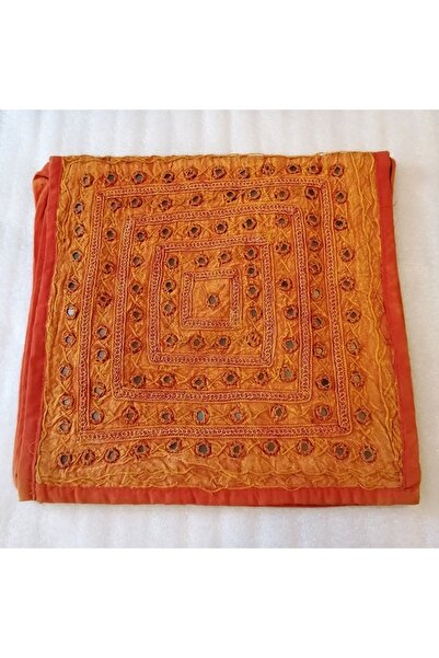 Butik Tülin Unisex otantik viskon turuncu iplik çarpı nakışlı su taşlı dizili aynalı heybe omuz çanta Hint Malı