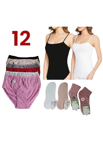Tutku 12-Piece 6 Pieces of Passion Multi-Colored Panties, 2 Pieces of Elastane Undershirt with String Strap, 4 Pieces of Socks