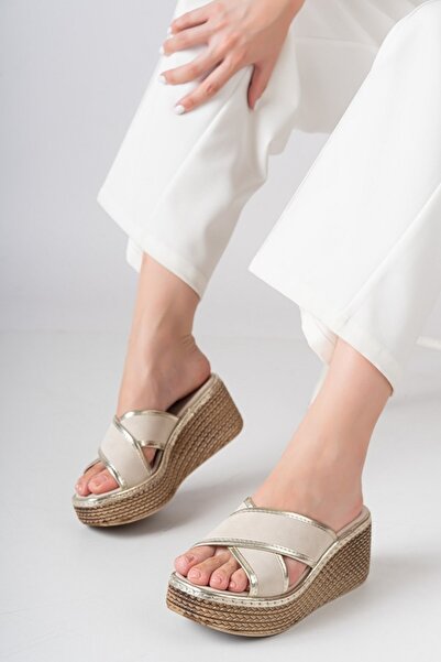 Lanina Γυναικείες παντόφλες με ψάθινο σχέδιο με σφήνα τακούνια