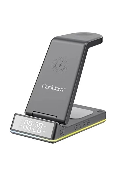 Fogy Katlanabilir 5in1 15W Dijital Saatli RGB Işıklı Magsafe Masaüstü Kablosuz Şarj Standı - Siyah