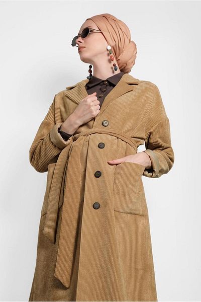 TRENDTESETTÜR Γυναικεία καφέ (CAMEL) Καμπαρντίνα με ζώνη με κουμπιά 10139