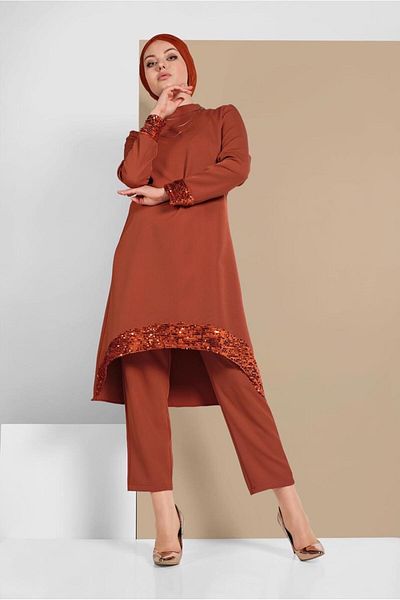 TRENDTESETTÜR Brown Women's Trousers Set - Sequin Detailed, Set of 2 9255