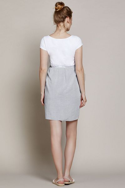 GEBE Lalin Gray Striped Maternity Dress with Breastfeeding Features